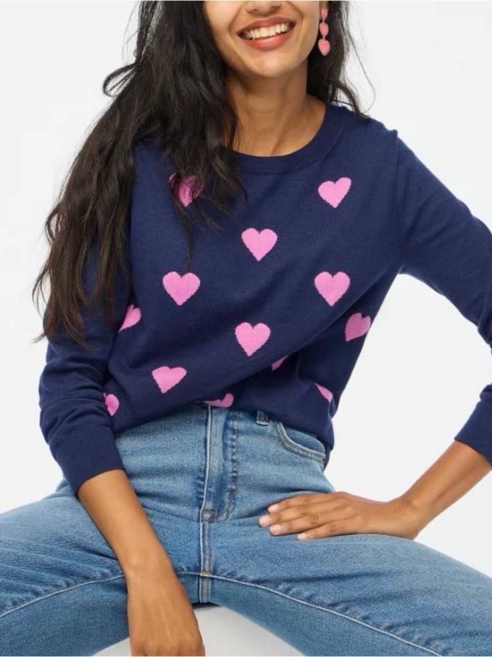 J Crew- Teddie Navy Heart Pattern Crewneck Sweater - Pink Hearts, Size M, NWT